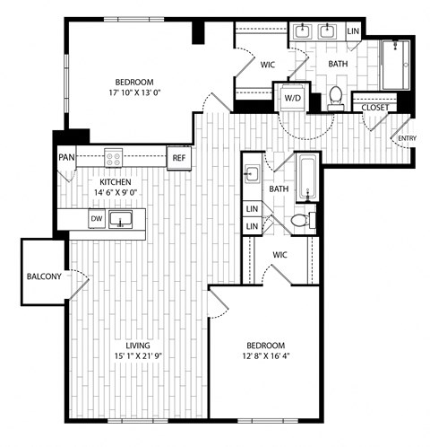 Floor plan for 2 beds, 2 baths, 1275 sqft